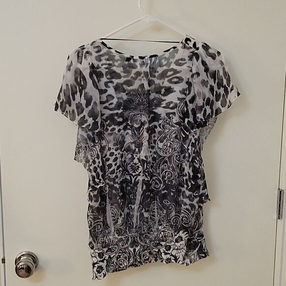 3/$30 APT 9 Chiffon Leopard Square Neck Short Sleeve Ruffle Blouson Blouse - Picture 4 of 9